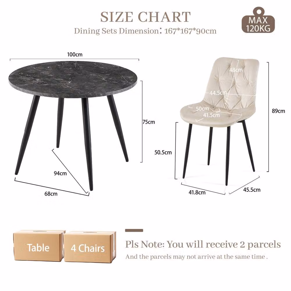 SONARA Modern Round Black Marble Dining Table with 4 Beige Velvet Chairs – 2