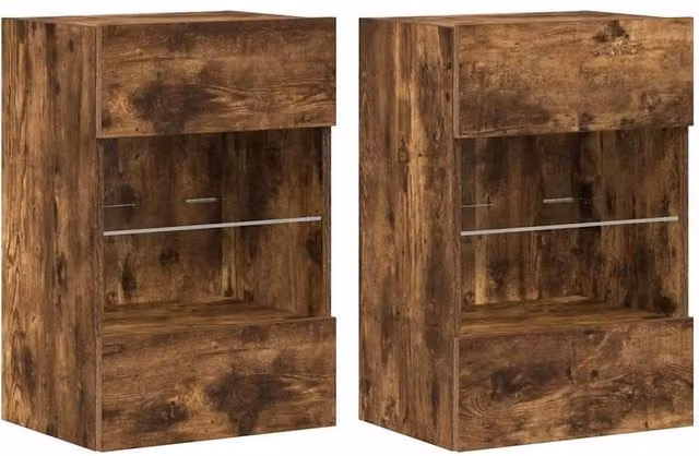 Berkfield Home Set of 2 Modern Wall Mounted TV Cabinets with Integrated LED Lighting in Smoked Oak Brown, W/D/H: 40 x 30 x 60.5 cm