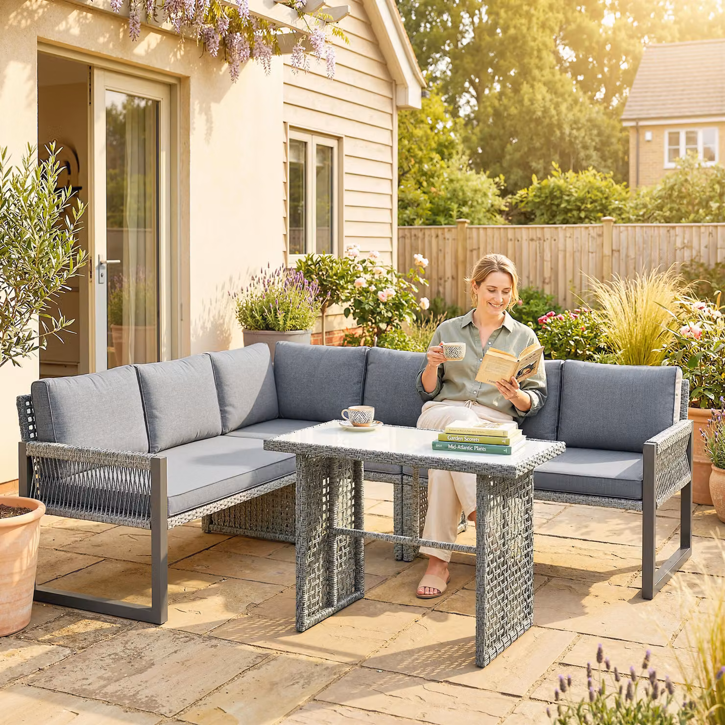 Outsunny 6 Seater Grey Rattan Garden Furniture Set with L-Shape Corner Sofa, 2 Seater Sofas, Coffee Table and Upholstered Cushions – 2