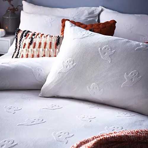 The Linen Yard Ghost Tufted Halloween 100% Cotton Percale Duvet Cover Set in White, 200 x 200 cm – 2