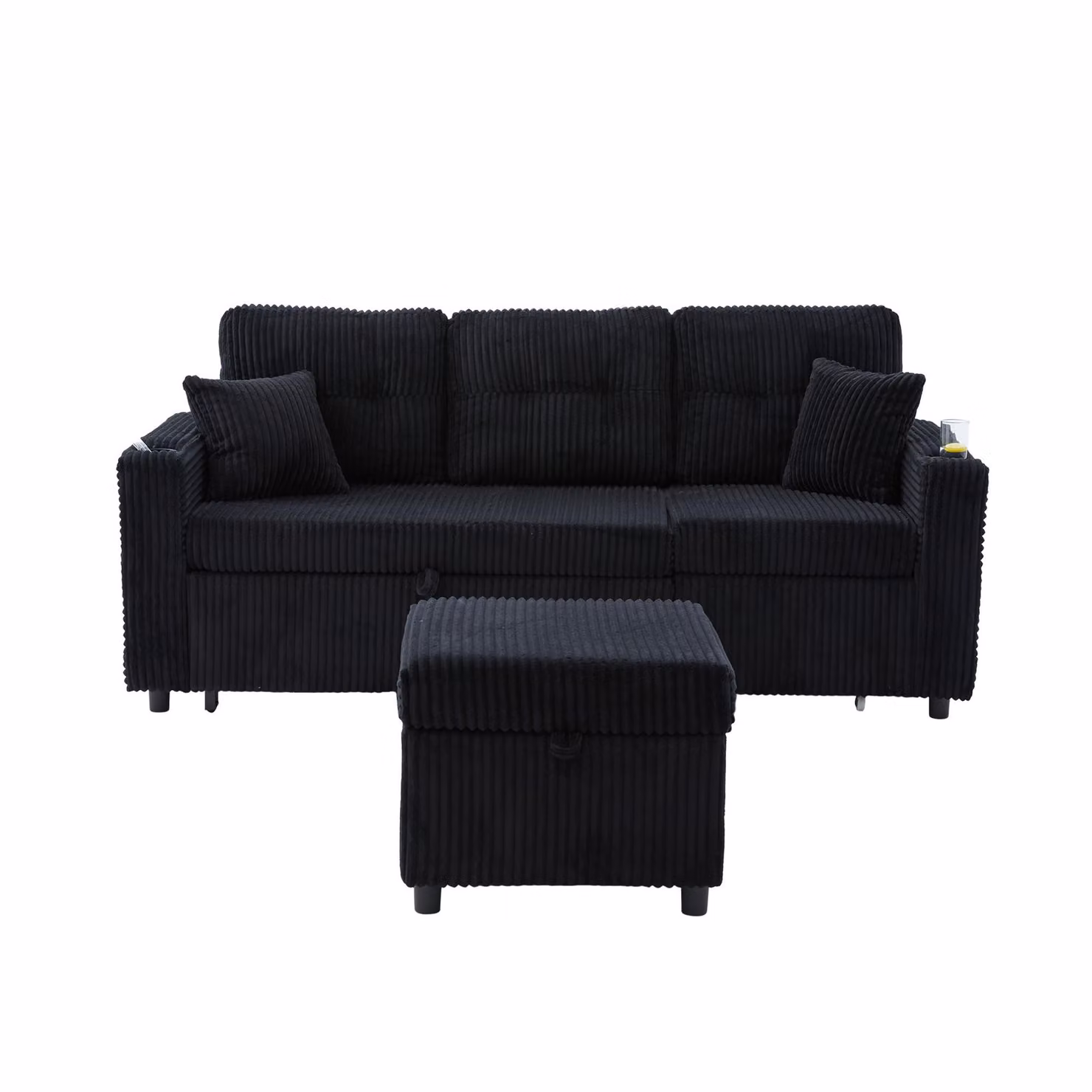 Aosom UK Multifunctional Corduroy Sofa Bed in Black with LED Lighting, USB Charging, Cup Holders and Hidden Storage, W: 196 cm, D: 82 cm, H: 85 cm – 2