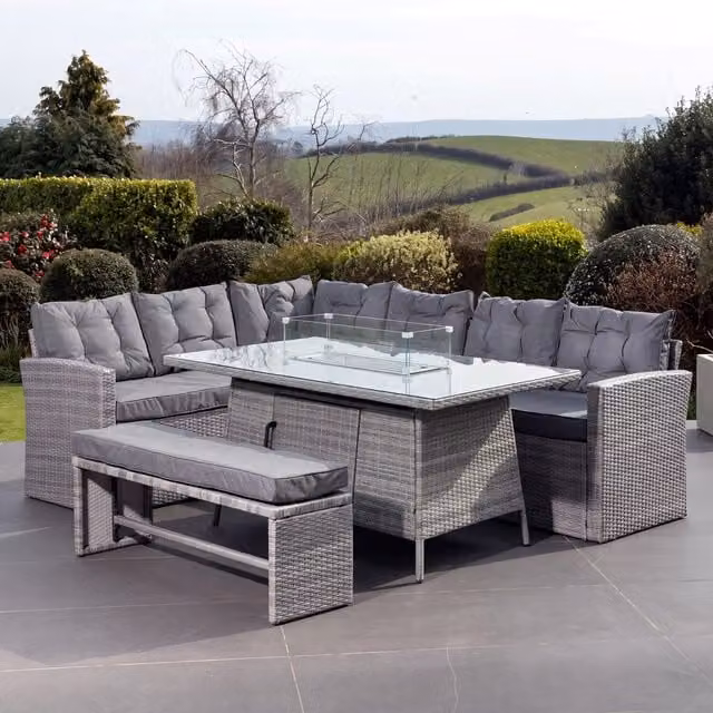 Artemis Home Piana 9 Seat Rattan Corner Sofa with Firepit Table and Bench in Grey – 1