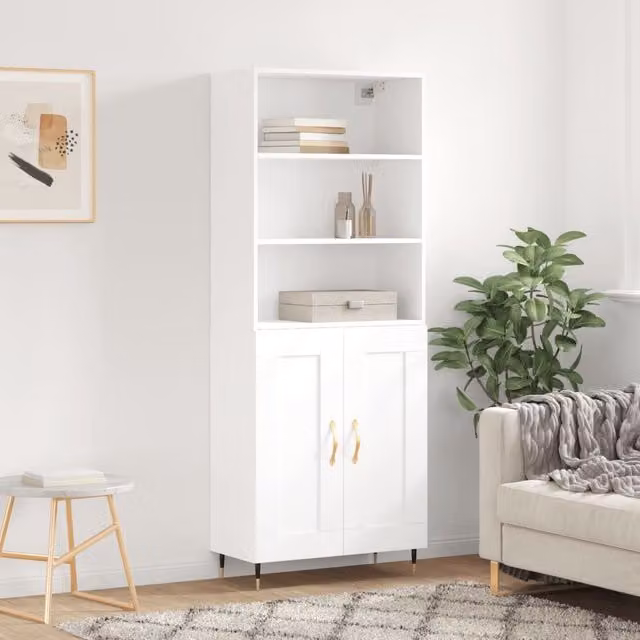 Berkfield Home Modern White Highboard with Hinged Doors and Internal Shelves, W/D/H: 69.5 x 34 x 180 cm