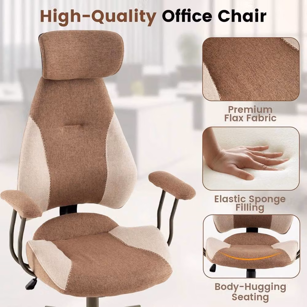 NESTLUNE Brown Fabric High Back Task Chair with Headrest and Armrests, H 100 cm x W 45 cm x D 45 cm – 5