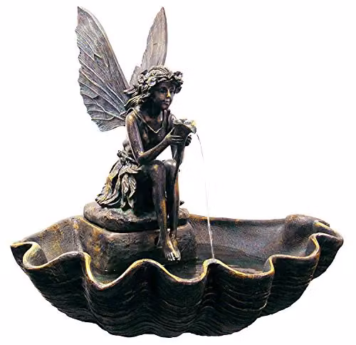 Primrose Fairy on Clam Shell Water Feature Fountain in Bronze and Grey Polyresin, Height: 78 cm
