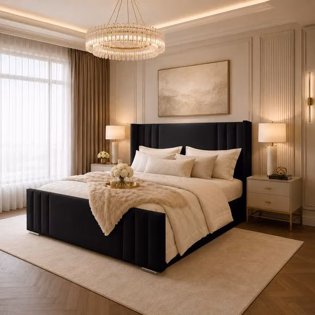 Desire Deco Adriel Luxury Wingback Upholstered Bed Frame in Black Velvet, W/D/H: 140 x 200 cm