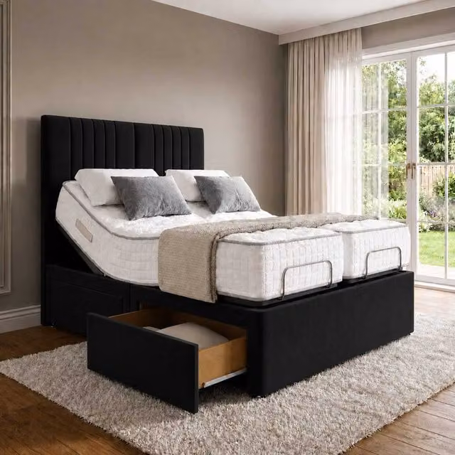 K Mehmood Enterprise Ltd Luxury Electric Adjustable Bed with Storage Drawers and Headboard in Black Upholstered Fabric