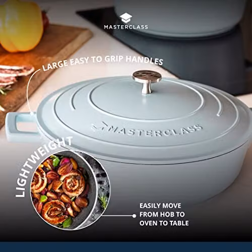 MasterClass Shallow Casserole Dish with Lid, 4L, Sky Blue, Cast Aluminium – 5