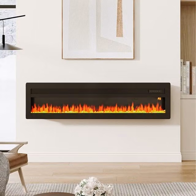 Livingandhome Black Rectangular Electric Fireplace, Wall Mounted or Freestanding, Width: 152.4 cm