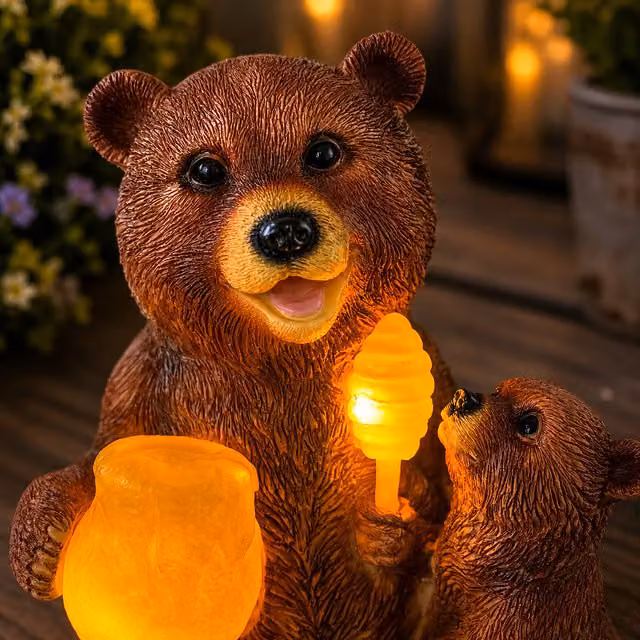Marco Paul Solar Mama Bear and Cub Garden Ornament, Hand Painted Resin LED Statue, Brown and Yellow, Height: 22 cm