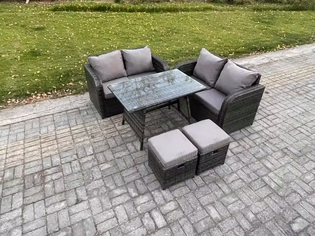 Fimous 5 Piece Wicker Rattan Garden Furniture Set with Rectangular Dining Table in Dark Grey