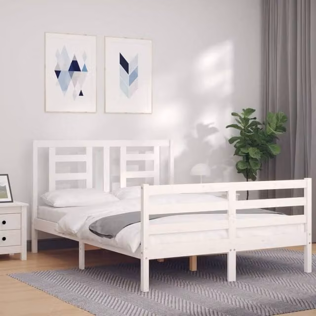 Berkfield Home Beautiful Solid Wood Bed Frame with Headboard in White, W/D/H: 140 x 200 x 145.5 cm