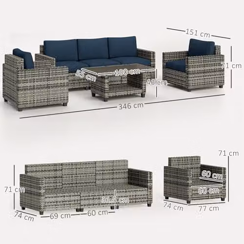 Outsunny 6 Piece Rattan Garden Furniture Set with 5 Seater Upholstered Seating and Coffee Table in Blue – 7