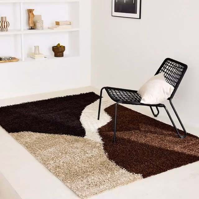 Sweekeek Shaggy Geometric Indoor Rug in Beige, Brown and Black, W/D/H: 160 x 120 cm
