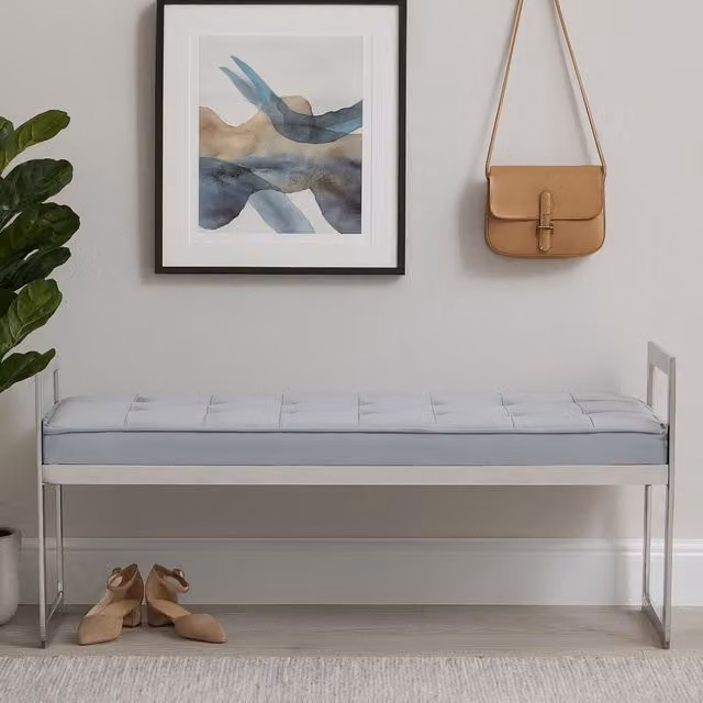Orsina Modern Velvet Straight Bench in Powder Blue and Silver Finish, W/D/H: 150 x 40 x 56 cm