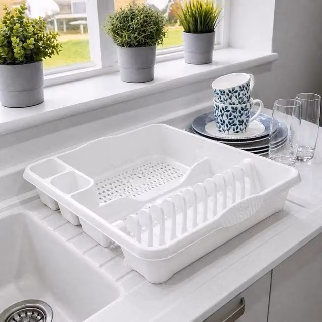 PAWNORA White Plastic Dish Drying Rack and Cutlery Holder, W/D/H: 100 x 100 x 1 cm