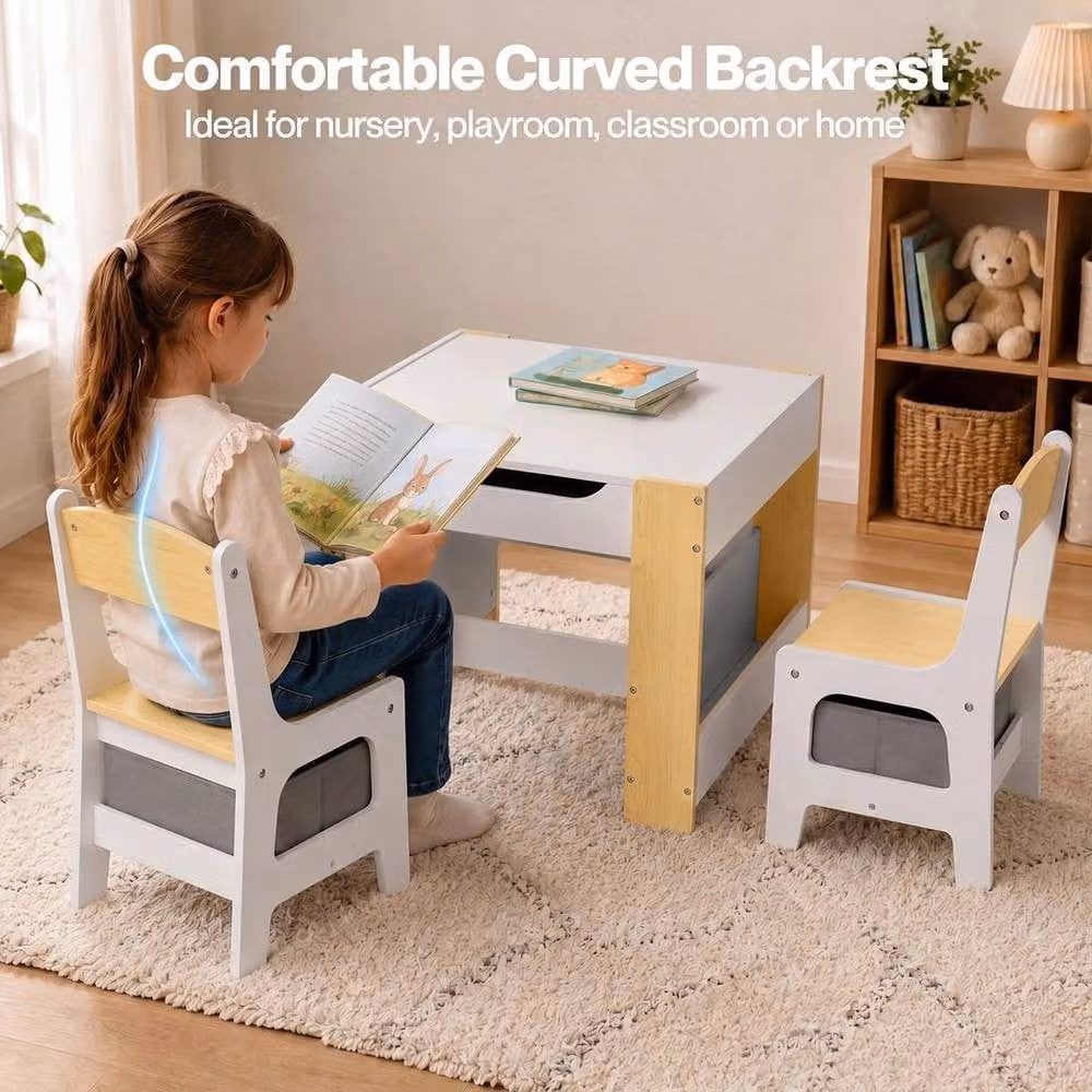 FORGEVIO White Childrens Table and Chairs Set with Flip Top Storage and Reversible Board – 2