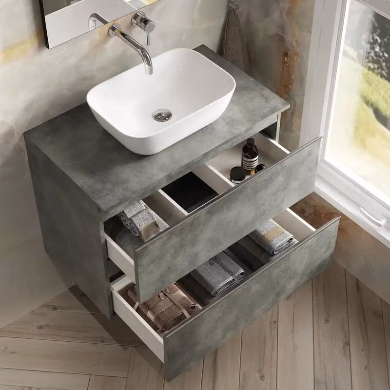 Banyetti Vatilla Wall Hung Vanity Unit with Matching Worktop in Cemento Grey, W: 80 cm, D: 45 cm, H: 59 cm – 3