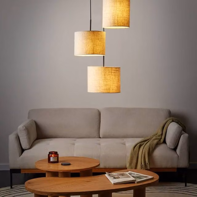 Wyld and Coco Three-Light Modern Pendant Light with Beige Linen Fabric Shades – 1