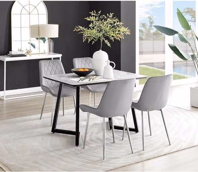FurnitureboxUK Carson White Marble Effect Rectangular Dining Table and 4 Pesaro Silver Chairs in Grey
