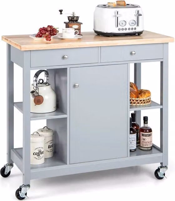 COSTWAY Mobile Kitchen Island Cart in Grey with Rubberwood Top