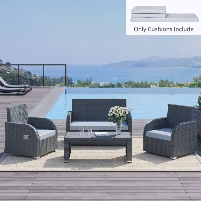 Outsunny 3 Piece Grey Polyester Outdoor Seat Cushions for Rattan Garden Furniture – 1