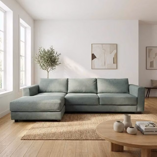 Abakus Direct Kaizer L-Shaped Corner Sofa in Green Bouclé Fabric, Left Facing, W/D/H: 286 x 170 x 85 cm