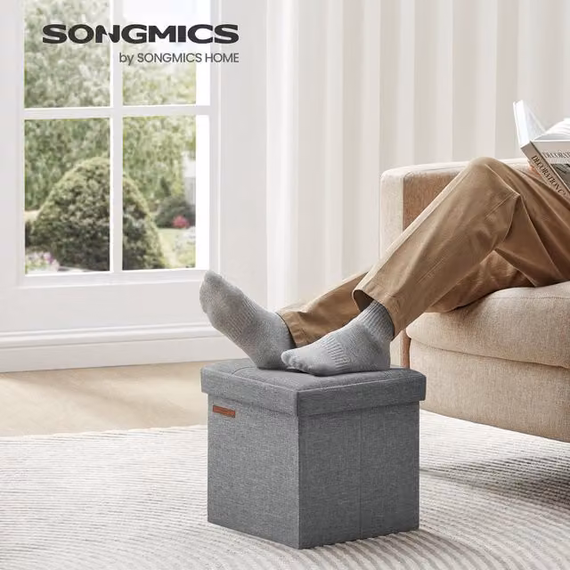 SONGMICS Foldable Fabric Storage Ottoman and Footstool in Grey