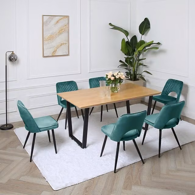 Home Garden Direct Oak Dining Table Set with 6 Metis Velvet Chairs in Dark Green and Black