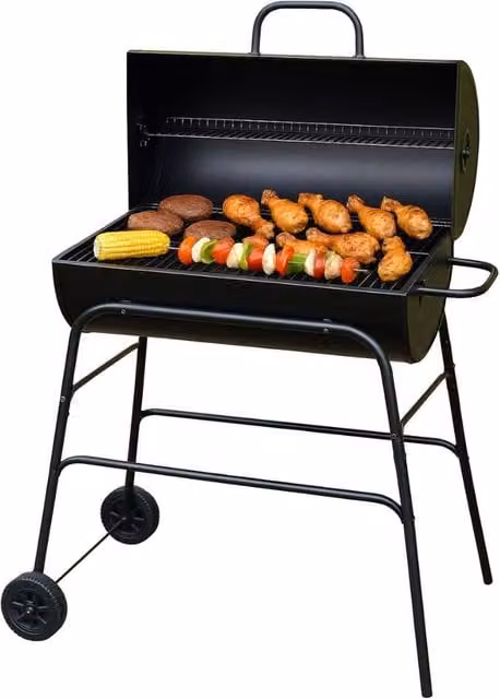Trendi Charcoal BBQ Grill and Smoker Barrel Barbecue in Black with Warming Rack and Wheels