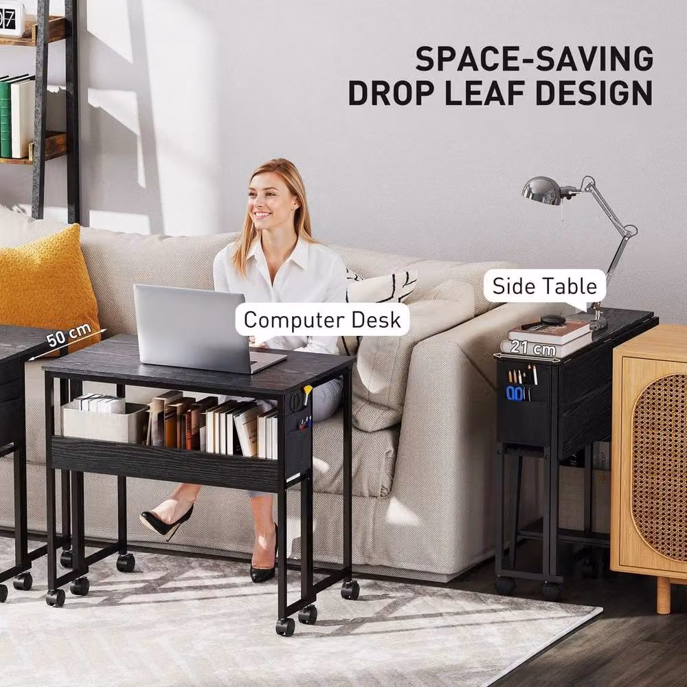 FORGEVIO Black Foldable Computer Desk with Castors and Drop Leaf Top – 5