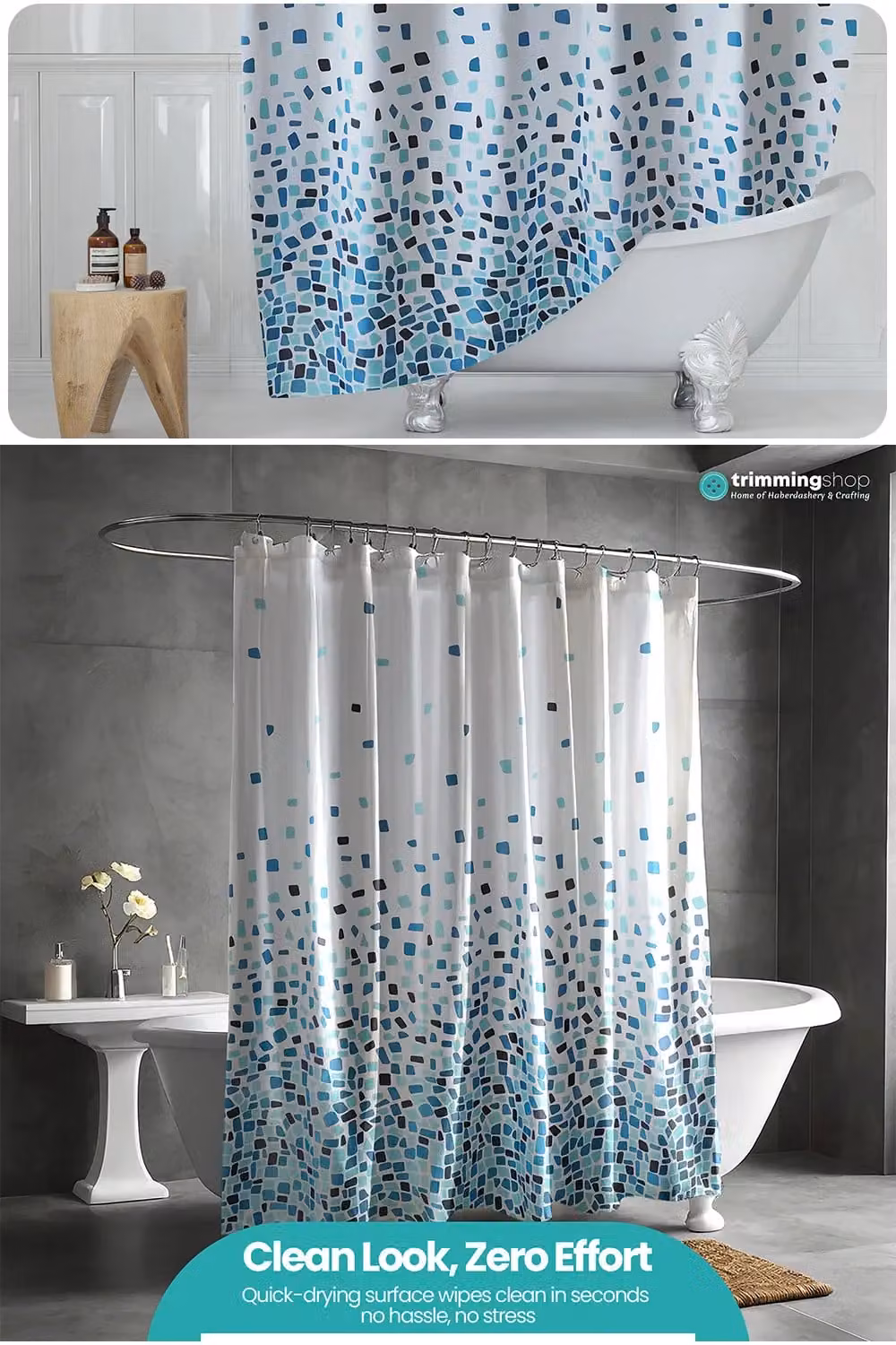 Neel Blue Mosaic Blue Polyester Water-Resistant Shower Curtain with 12 Hooks, W: 180 cm, H: 200 cm – 3