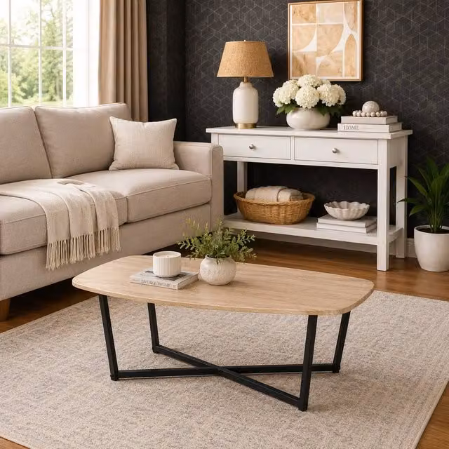 SPOT ON DEALZ Modern Rectangular Coffee Table with MDF Top and Metal Legs in Light Oak