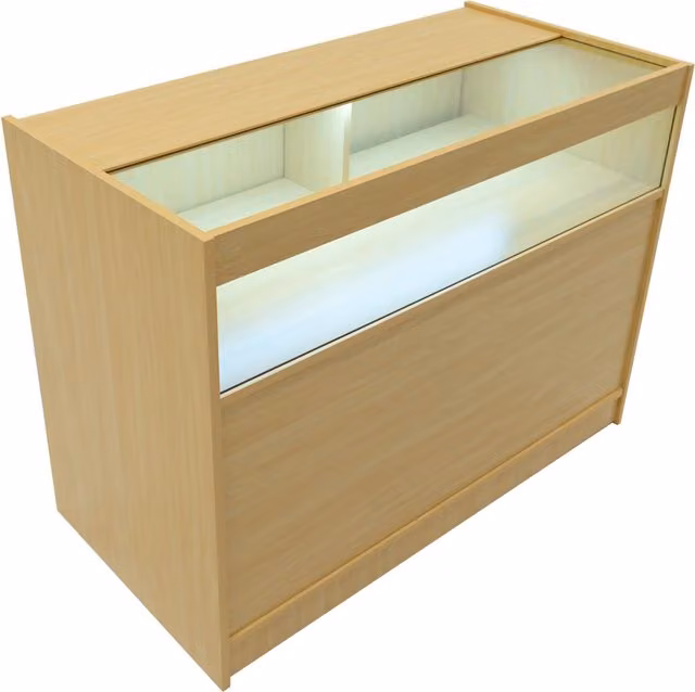 Monstershop B1200 LED Retail Shop Counter in Maple and Beige with Glass Sliding Doors and Integrated Lighting
