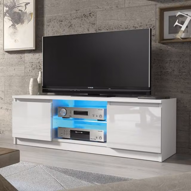 Mex Furniture LTD Modern White Gloss TV Unit with LED Lighting, W: 120 cm, D: 40 cm, H: 38 cm