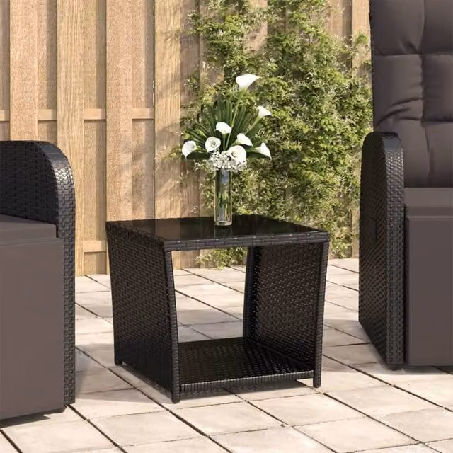 Berkfield Home Modern Black Poly Rattan Tea Table with Tempered Glass Top