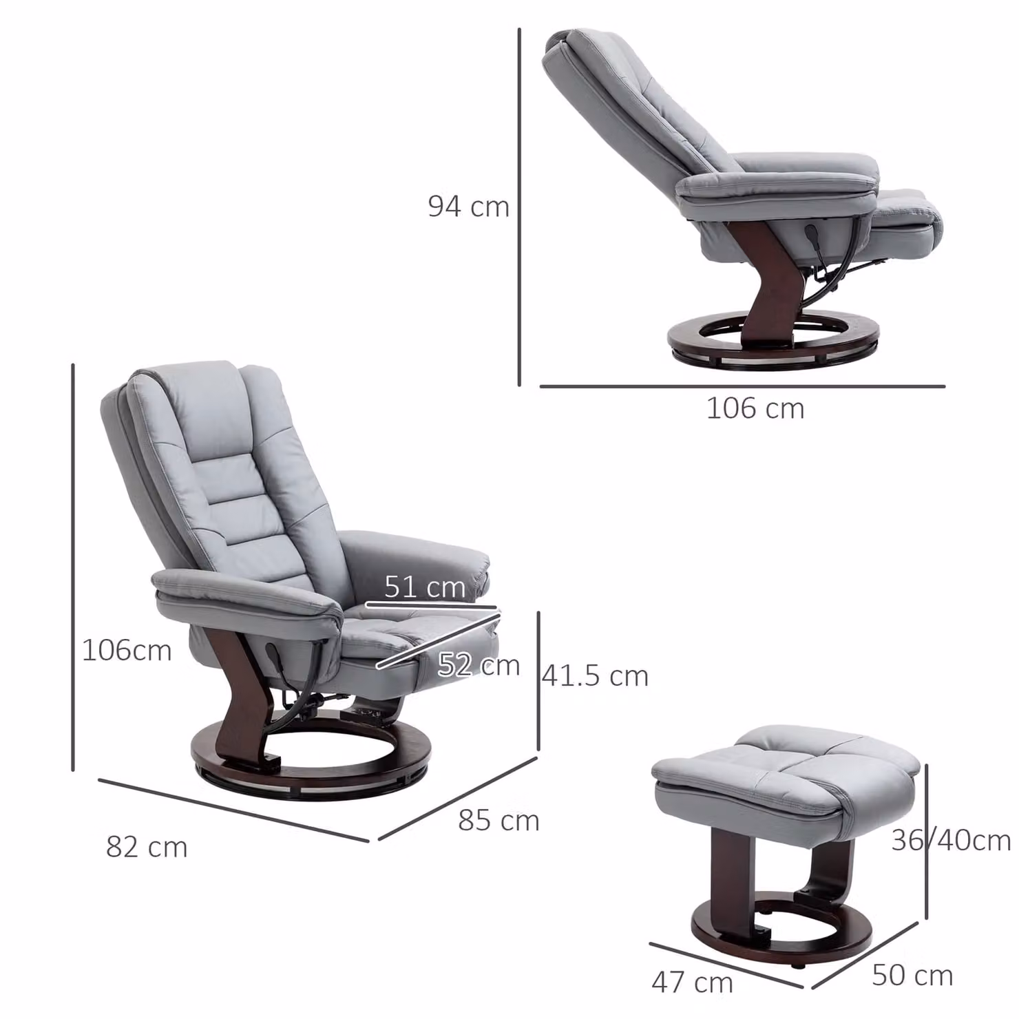HOMCOM Swivel Manual Recliner and Footrest Set in Grey Synthetic Leather – 3
