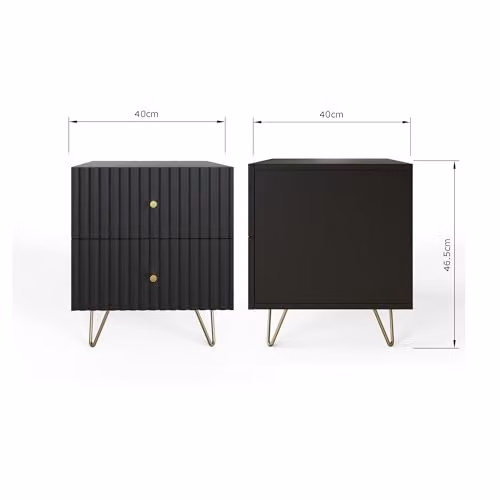 GFW Thalia Set of 2 Black Bedside Tables with Fluted Front and 2 Drawers, W/D/H: 40 x 40 x 46.5 cm – 2