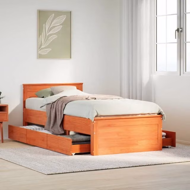 Berkfield Home Single Solid Wood Pine Bed Frame with Headboard in Wax Brown, W/D/H: 90 x 190 cm