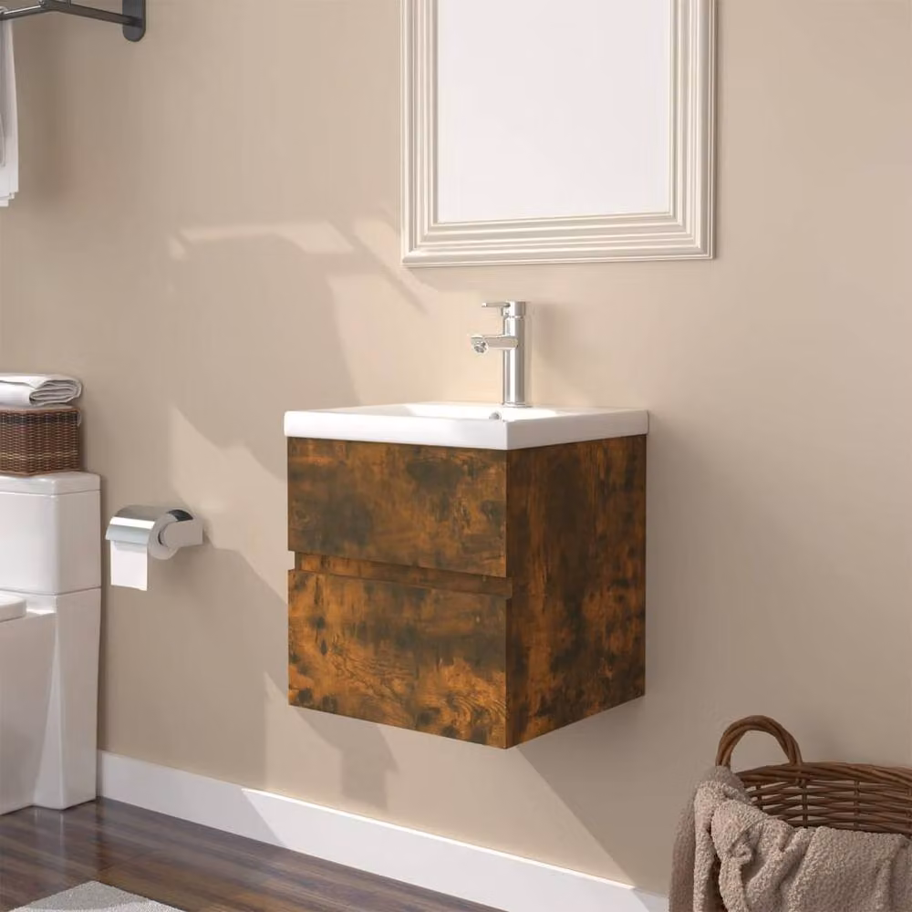 Berkfield Home Wall Mounted Bathroom Sink Cabinet with Built-in Basin in Smoked Oak Brown – 2