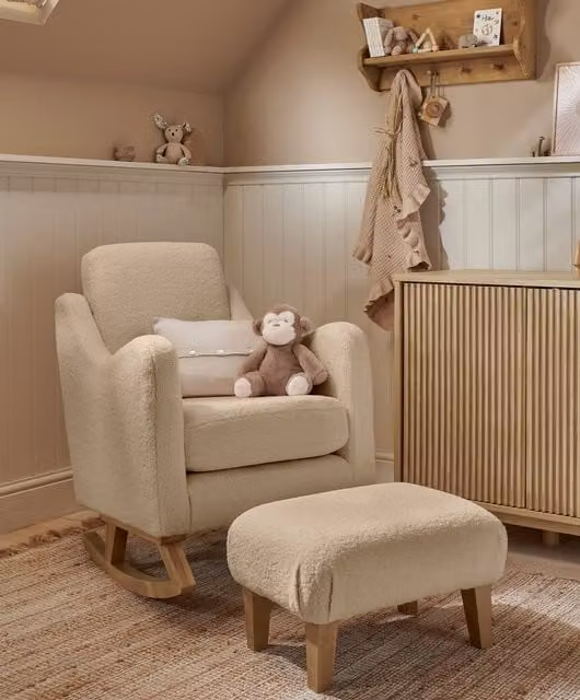 Mamas & Papas Bowdon Nursing Chair and Footstool Set in Beige Bouclé with Oak Wood Frame