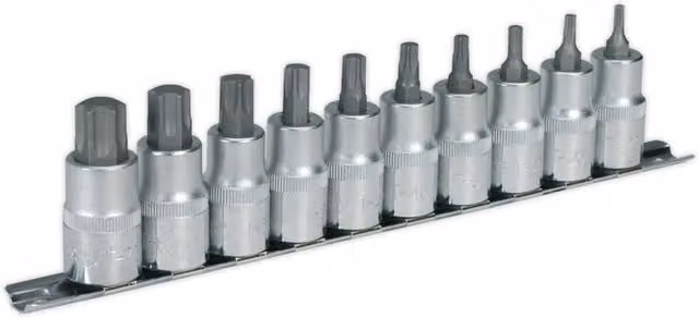 Loops 10 Pack TRX Star Socket Bit Set, 1/2 Inch Square Drive, T20 to T70 Torx, Silver Chrome Vanadium Steel