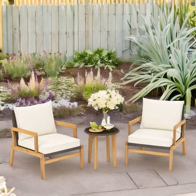 FURNOS Set of 3 Rattan Bistro Table and Chairs in Natural Acacia Wood with Metal and Glass Details