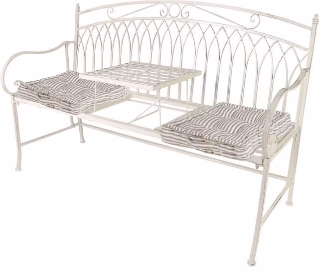 Dibor Vintage Large Cream Arched Metal Garden Bench with Grey Box Cushions – 1