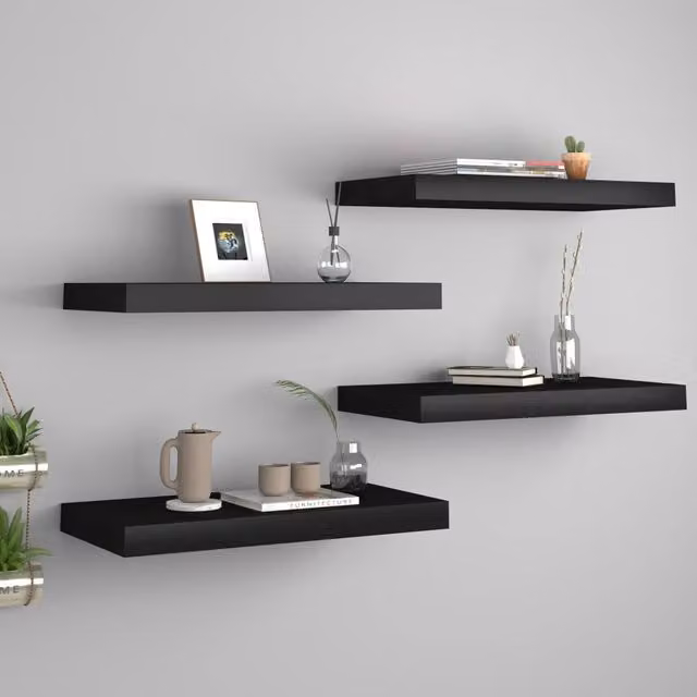 Berkfield Home Set of 4 Black Floating Wall Shelves, W: 50 cm, D: 23 cm, H: 3.8 cm