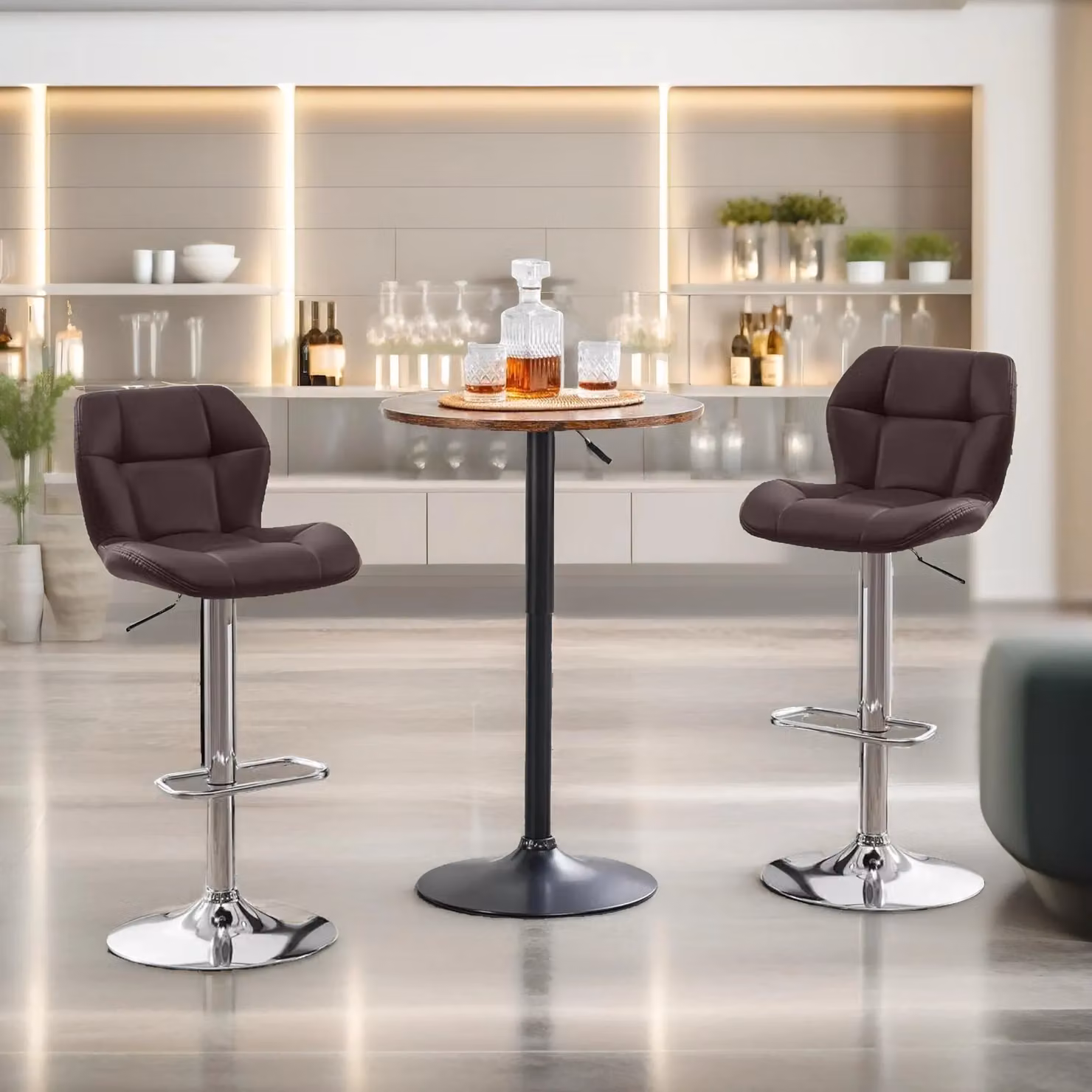FURNOS Set of 2 Brown Synthetic Leather Height Adjustable 360 Swivel Barstools with Backrest – 2