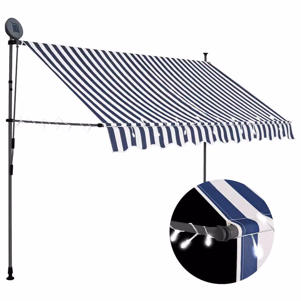 Berkfield Home Manual Retractable Awning with LED, Blue and White Striped Polyester, Width: 300 cm – 1