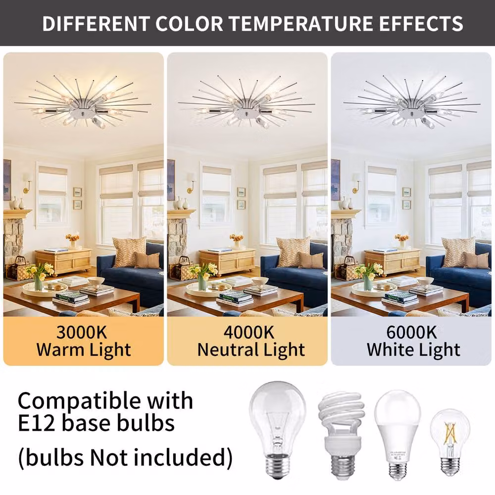NIVOR 6 Light Sputnik Dimmable Chrome Flush Mount Ceiling Lamp in Metallic Silver – 3