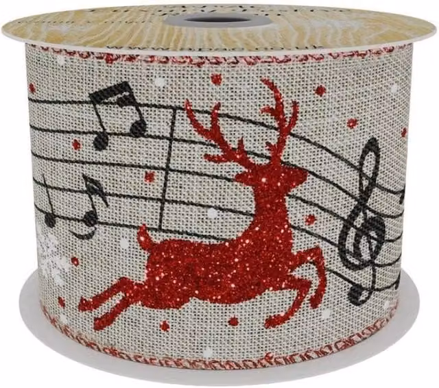 KDMD Natural Ribbon with Red Reindeer and Musical Notes, Brown and Multicolour, Width: 6.3 cm, Length: 9.14 m – 1