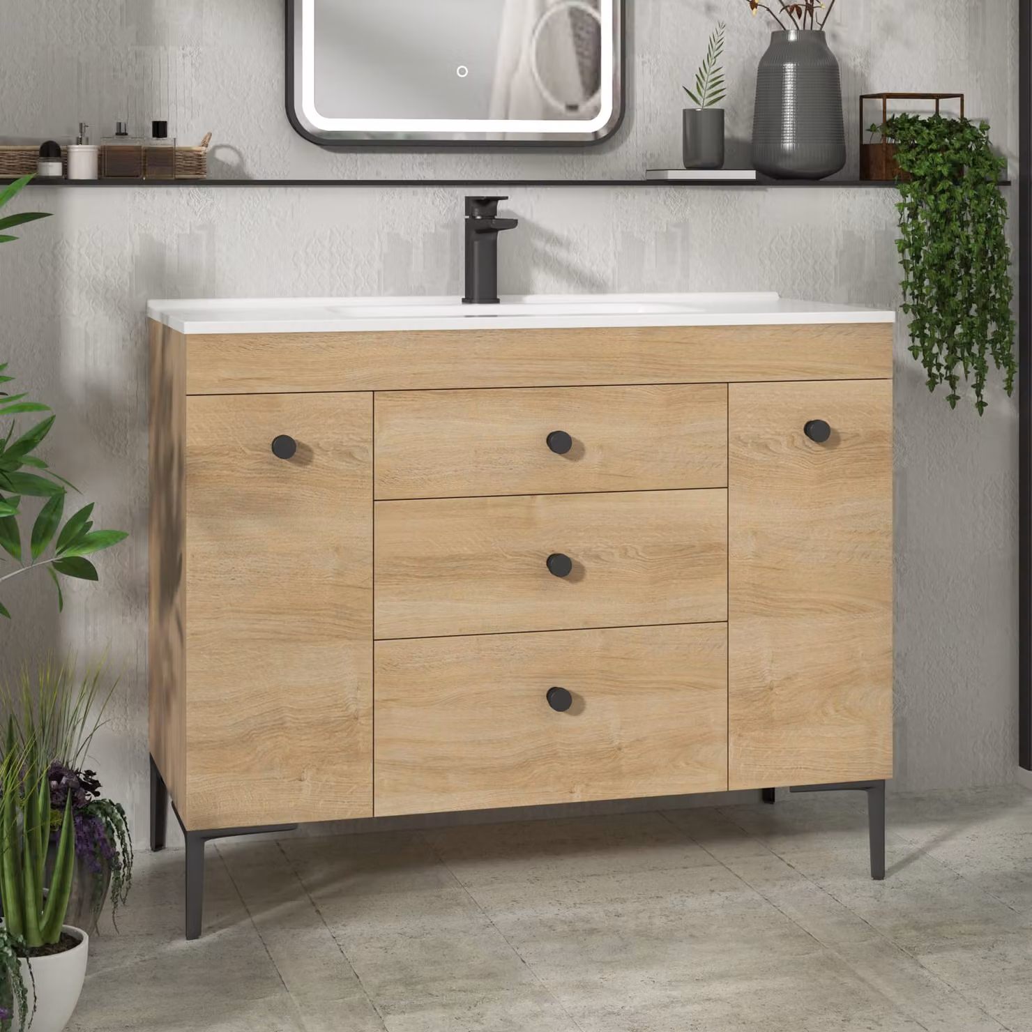 Royal Bathrooms Verona Natural Oak Floor Standing Bathroom Vanity Unit with Ceramic Basin and 3 Drawers and Dual Side Pull Out Storage, Matt Black Knob